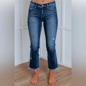 Flying Monkey Distressed Midrise Ankle Straight Leg Raw Hem Dark Wash Size 29